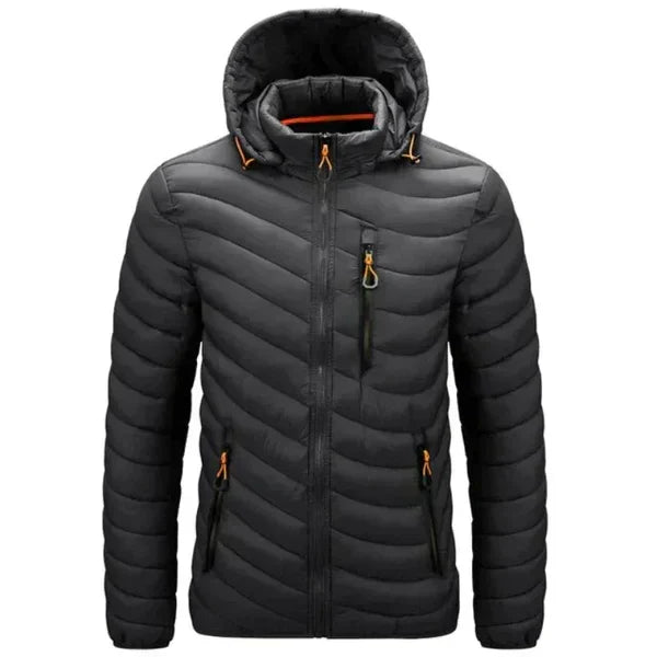 Men's water-repellent puffer jacket with detachable hood, perfect for cold weather & urban style.