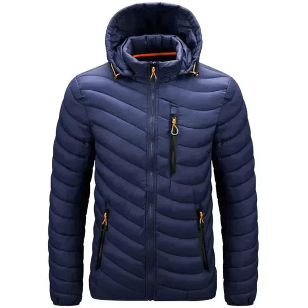 Stylish men's casual puffer jacket, lightweight, water-repellent, with a versatile detachable hood.