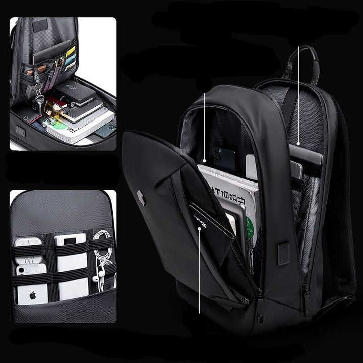 Secure laptop compartment in AllCarry men's anti-theft backpack, perfect for water-resistant travel & daily commute.