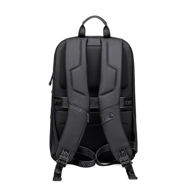 Ergonomic back panel & padded straps on men's water-resistant anti-theft backpack for comfortable travel & commute.