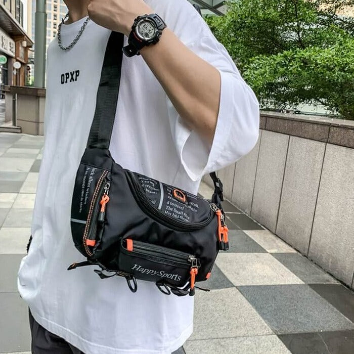 Functional men's crossbody sling, water-resistant, great for active men on the go.