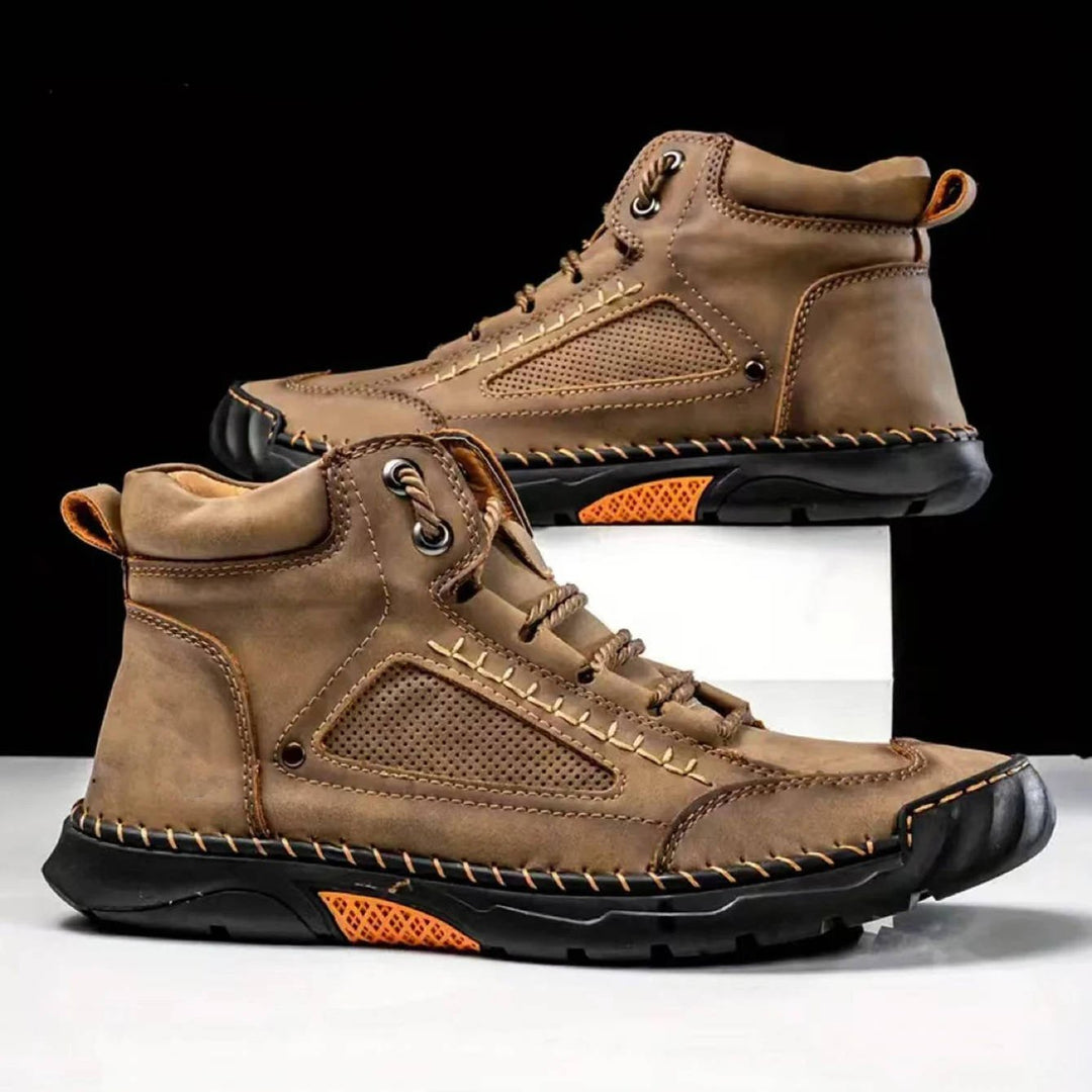 Men's waterproof hiking boots, providing essential arch support for comfortable treks.