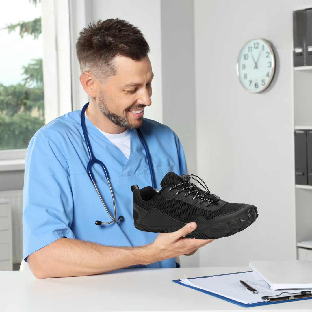 Men's outdoor waterproof barefoot shoes with slip-resistant flexible sole. Orthopedic support for all-weather walking.