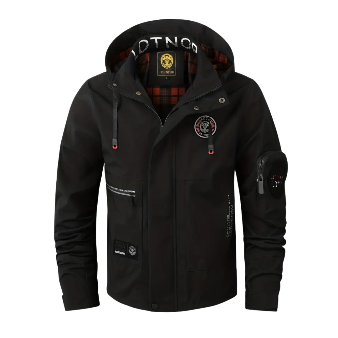 Men's waterproof outdoor jacket with hood, ideal for all-season comfort & reliable protection.