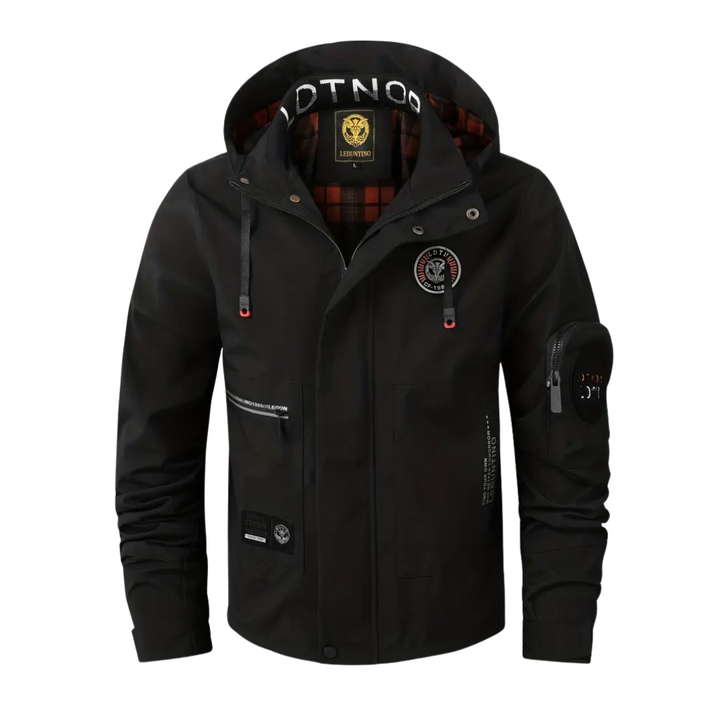 Men's waterproof outdoor jacket with hood, ideal for all-season comfort & reliable protection.