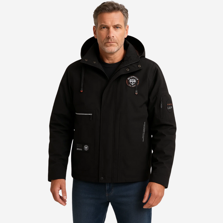Stylish men's hooded outdoor jacket, waterproof & windproof, featuring comfortable checked lining.