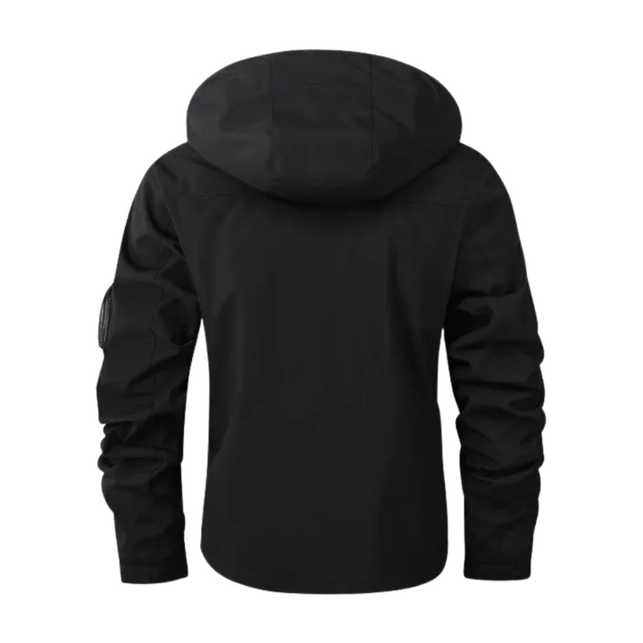 Casual men's waterproof outdoor jacket with hood, suitable for spring, autumn & transitional weather.
