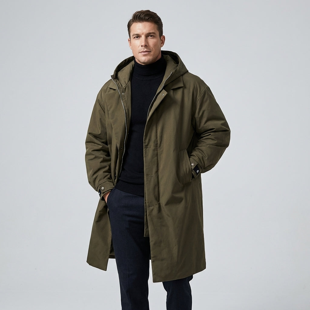 Men's waterproof raincoat in black, offering all-weather protection and modern style for commutes or outdoor activities.