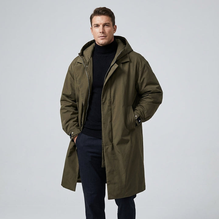 Men's waterproof raincoat in black, offering all-weather protection and modern style for commutes or outdoor activities.