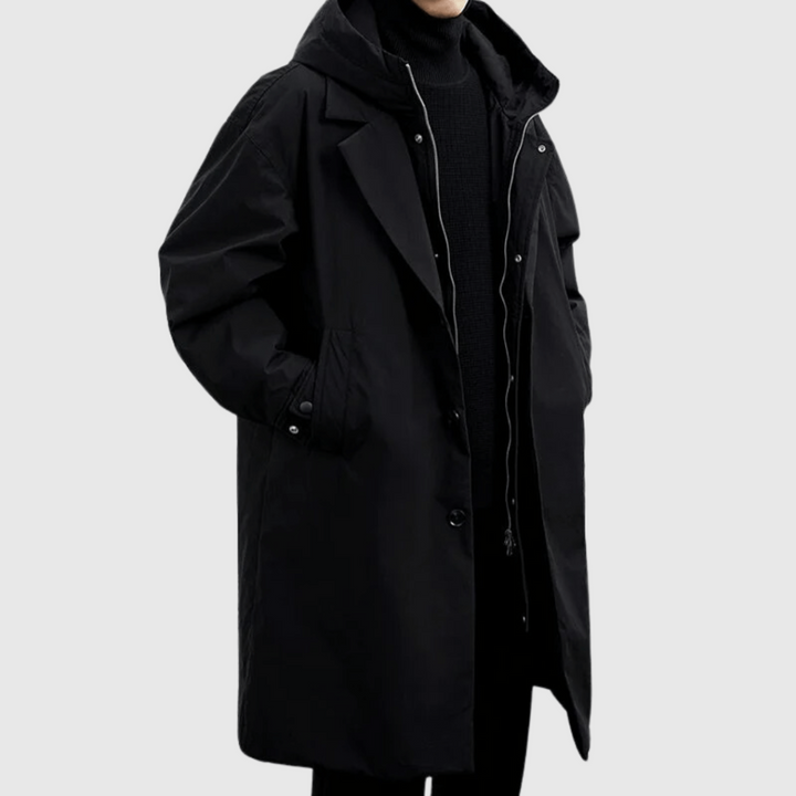 Stylish men's waterproof commuter coat, a lightweight rain gear jacket designed for all-weather comfort and fashion.