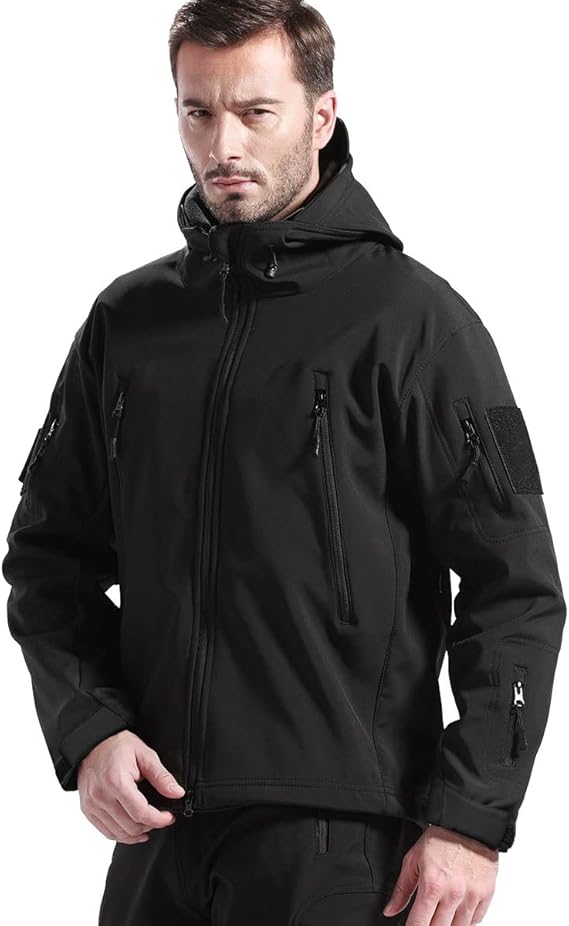 Men's waterproof softshell jacket & tactical pant set, ideal for outdoor hiking & camping adventures.