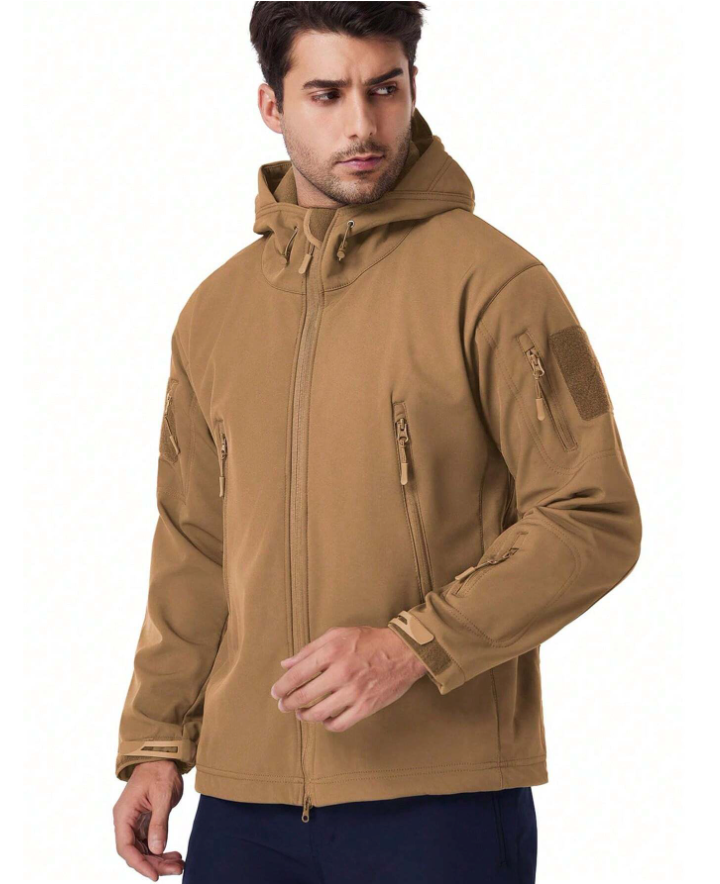 Men's durable outdoor set: waterproof softshell jacket & tactical pants, great for hiking trails.