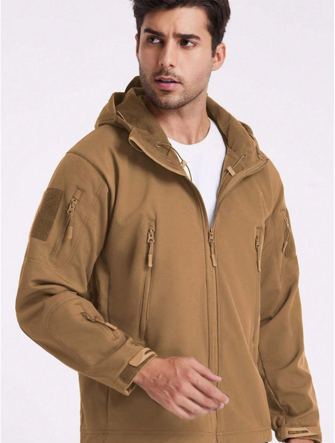 Men's camping and hiking gear: waterproof softshell jacket & tactical pant set for comfort.