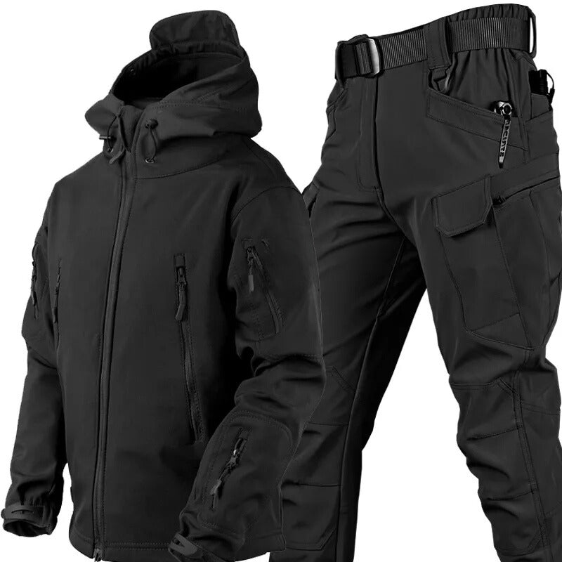 Men's all-in-one outdoor set: waterproof softshell jacket & tactical pants for ultimate protection.