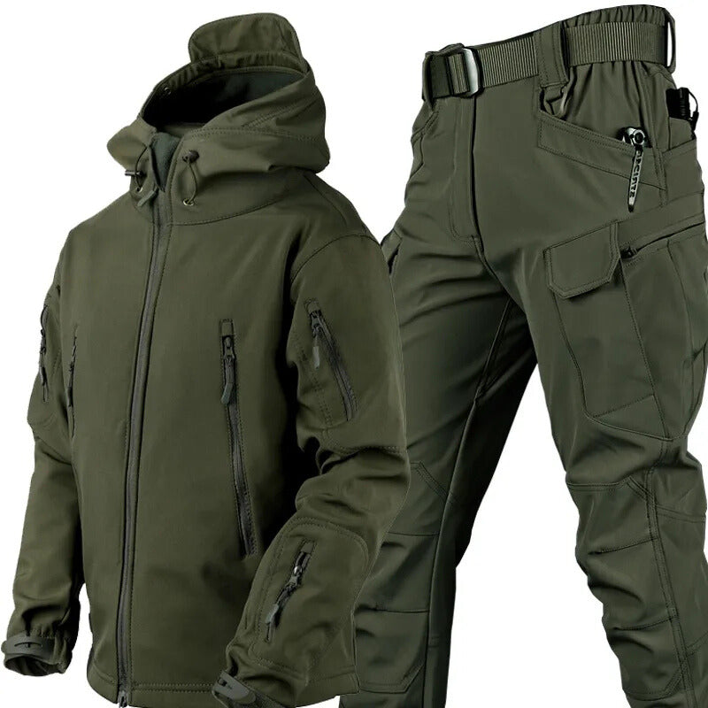 Men's versatile outdoor set: waterproof softshell jacket & tactical pants for hiking, camping, and more.