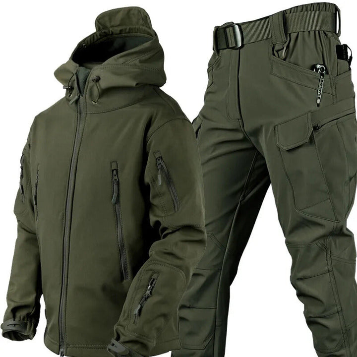 Men's versatile outdoor set: waterproof softshell jacket & tactical pants for hiking, camping, and more.