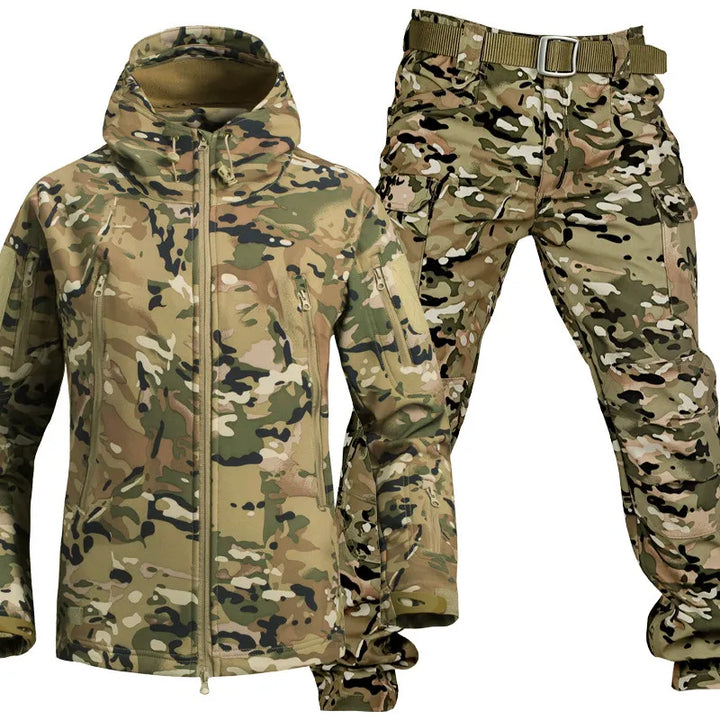 Men's waterproof softshell jacket & tactical pant set, combining comfort and protection for outdoors.