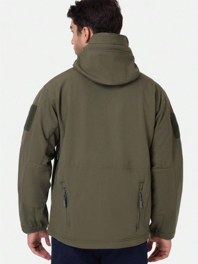 All-weather men's waterproof softshell jacket & tactical pants set for hiking and camping gear.