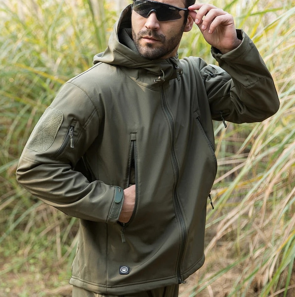 Protective men's outdoor waterproof softshell jacket & tactical pants set for all seasons.