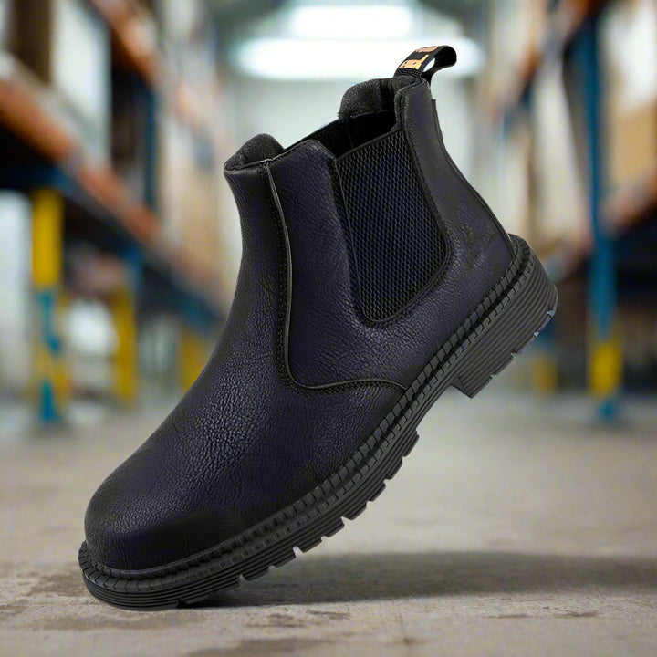 Black men's steel toe safety work boots, waterproof & slip-resistant, designed for maximum durability & comfort.