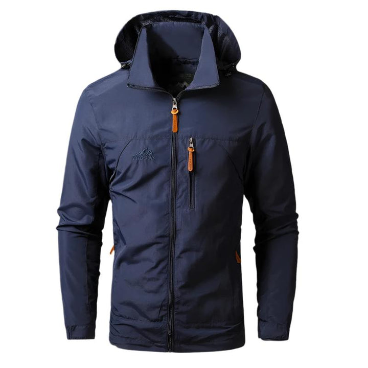 Durable men's waterproof hiking jacket. Windproof outdoor gear for all-season adventures & trail exploration.