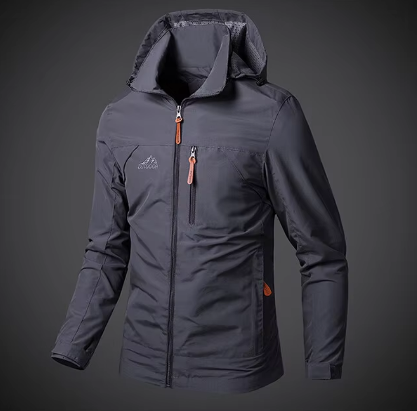 Durable men's waterproof & windproof outdoor jacket. Built for tough all-season adventures, hiking, & travel.