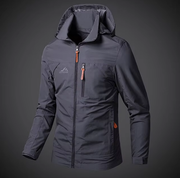 Durable men's waterproof & windproof outdoor jacket. Built for tough all-season adventures, hiking, & travel.