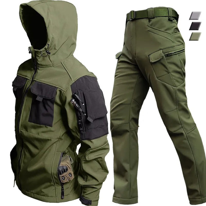 Men's extreme weather outdoor set. Waterproof jacket & trousers, ideal windproof rain gear for active adventures.