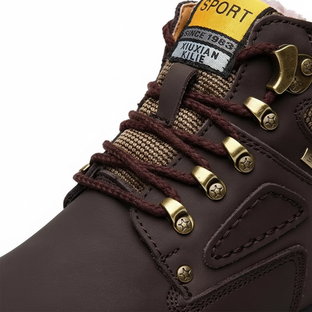 Insulated men's waterproof winter boots, keeping feet warm and dry in cold, snowy conditions.