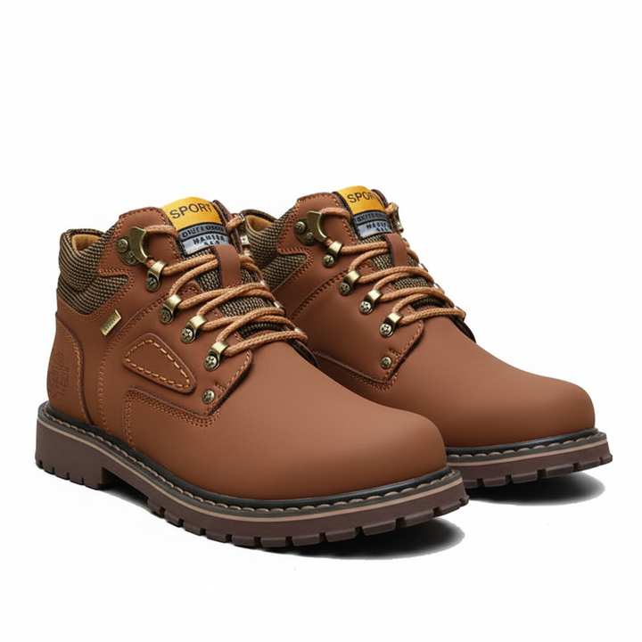 Modern men's waterproof winter boots with retro flair, perfect for cold weather & outdoor use.