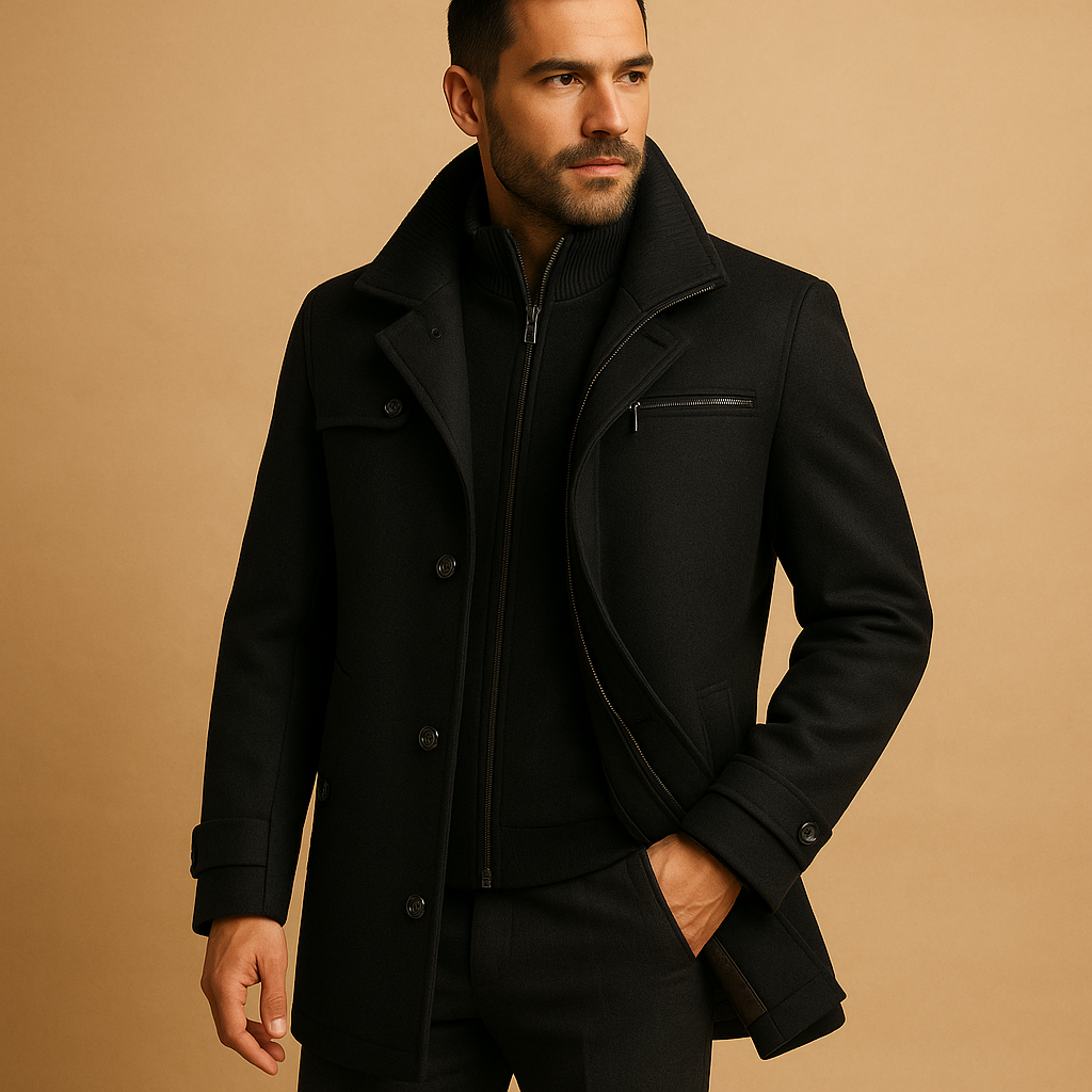 Men's waterproof winter jacket, warm & insulated for cold weather protection.