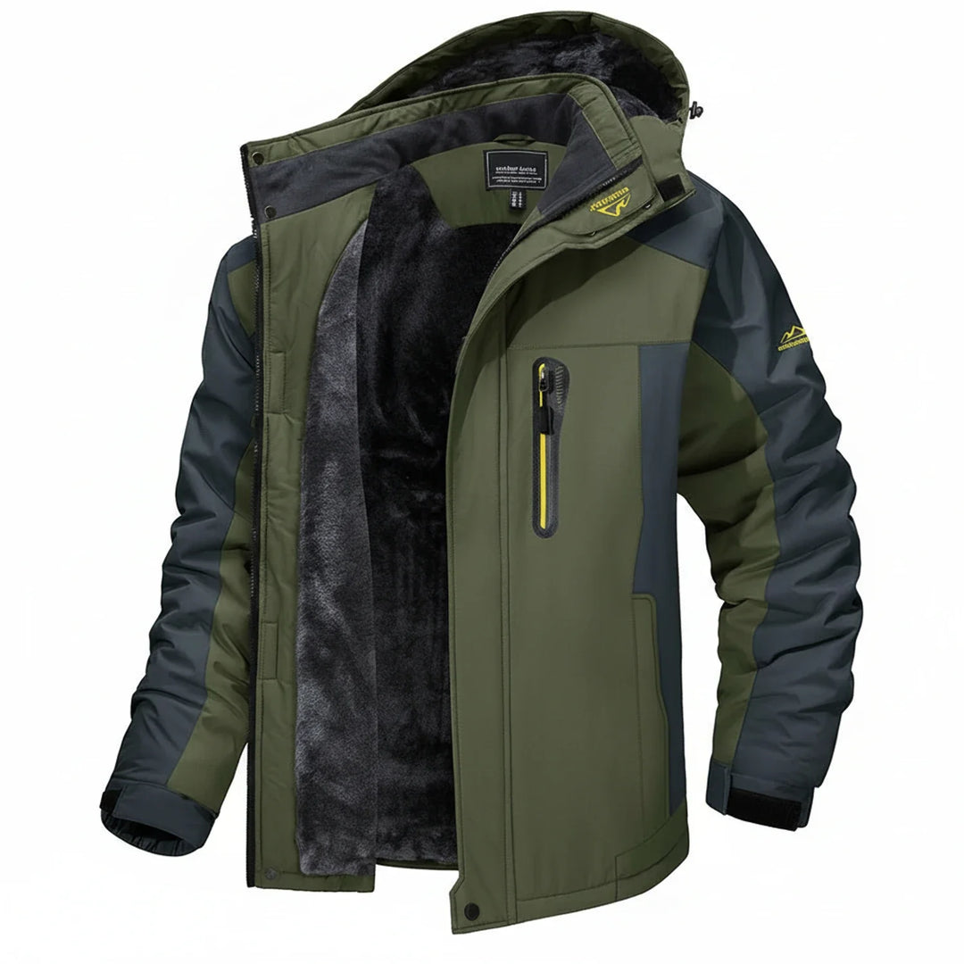 Men's weather-resistant hooded winter jacket for outdoor adventures. Stay warm & dry.
