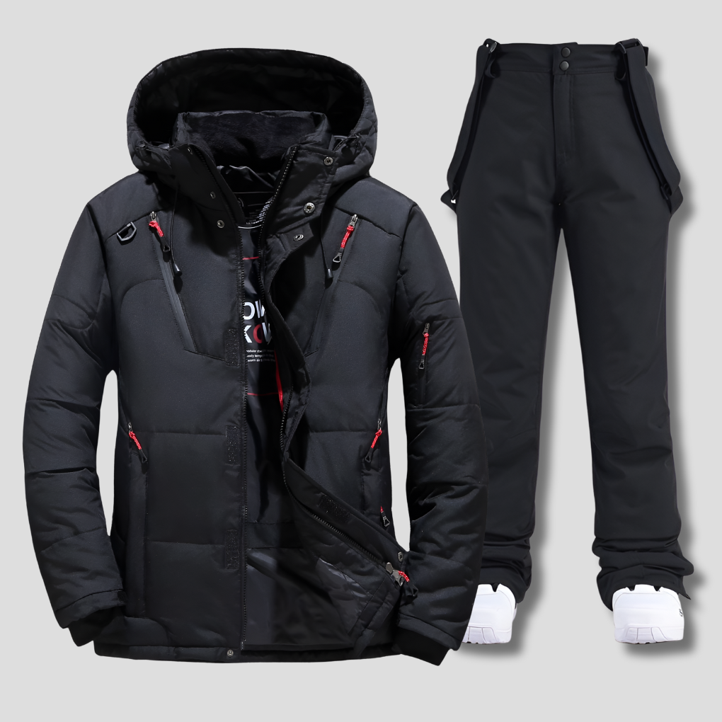 Men's weather-resistant ski suit for skiing & snowboarding. Insulated snow gear perfect for cold winter sports.