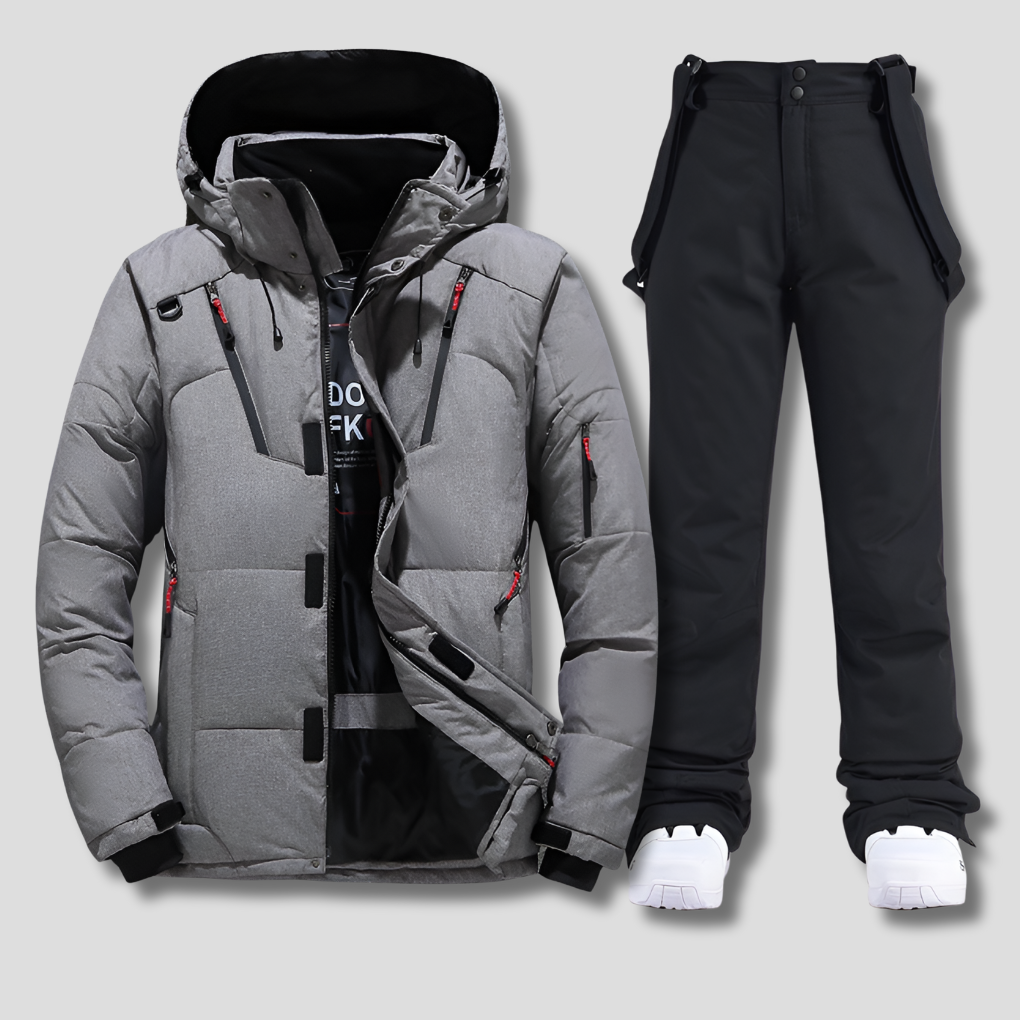 Active men's ski wear with adjustable fit. Stylish weather-resistant snow suit for winter sports, skiing, and outdoor adventures.