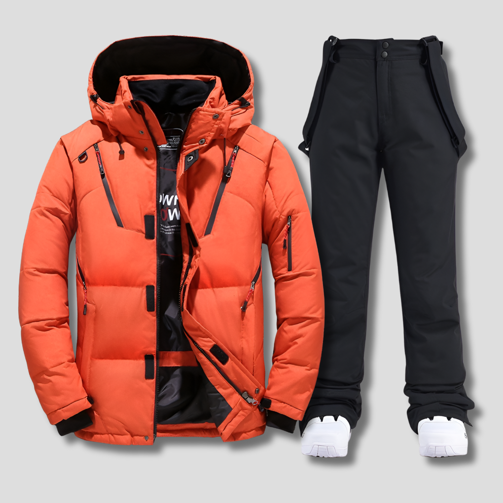 Reliable men's weather-resistant ski suit. Insulated outerwear for serious winter sports, cold weather skiing & snowboarding.
