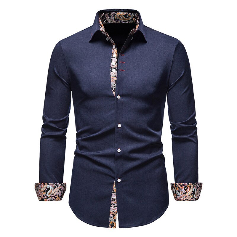 Elegant men's white shirt with a button-down collar and distinctive floral accents on the cuffs.