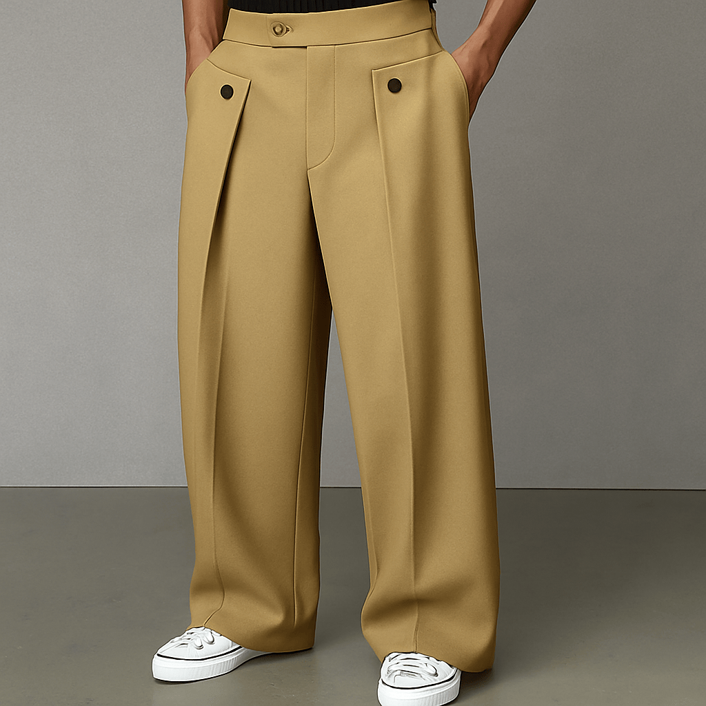 Modern men's wide-leg flared pants. Comfortable relaxed fit trousers, perfect for everyday casual fashion.