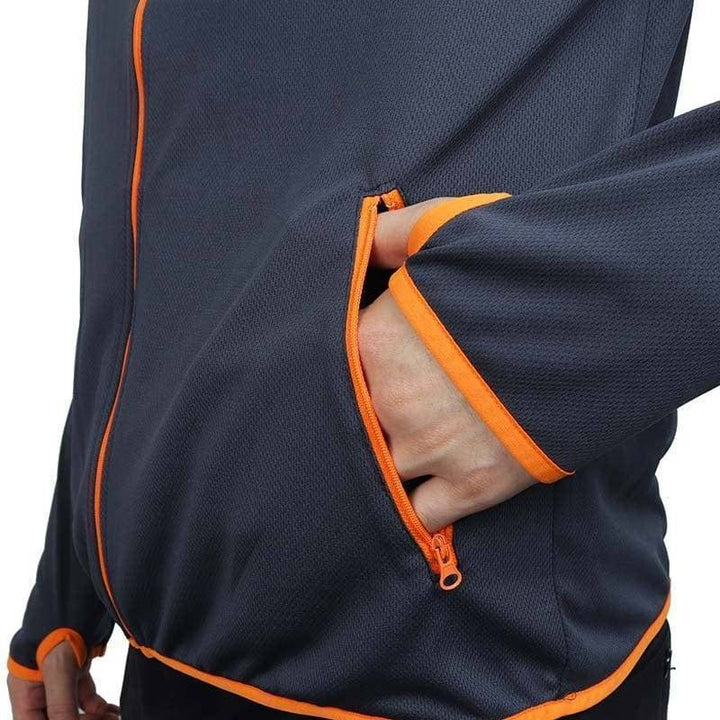Close-up of Tobias men's windproof, water-repellent, & breathable outdoor jacket fabric. Durable hiking gear.