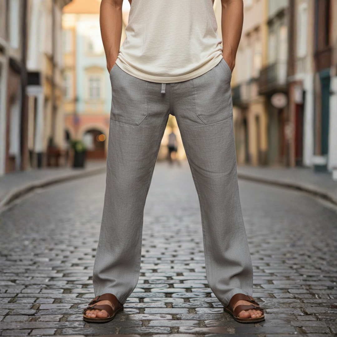 Mens lightweight linen drawstring trousers. Relaxed, baggy fit for ultimate summer comfort.
