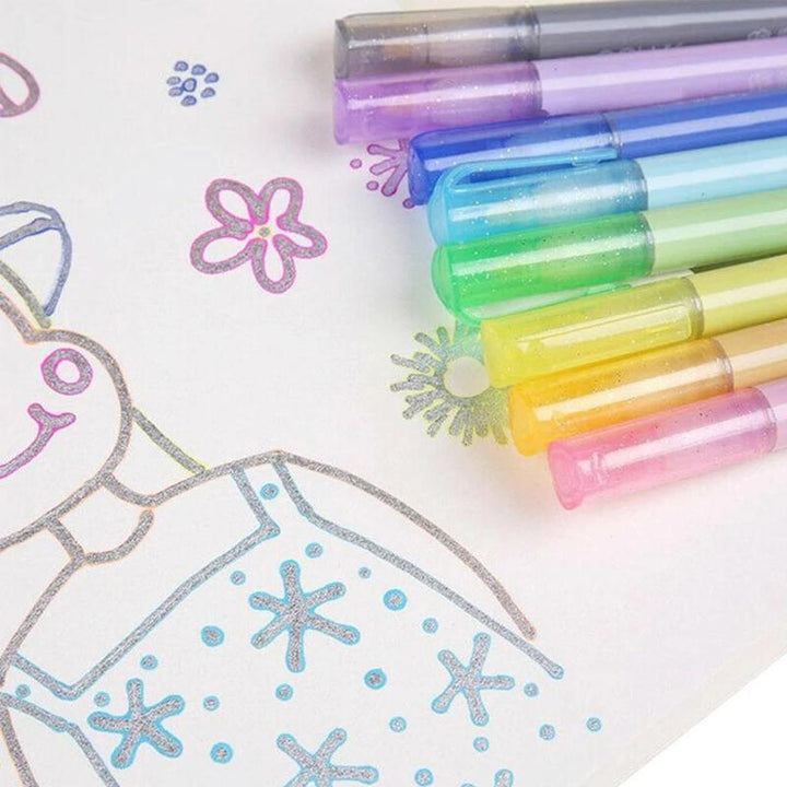 Close-up of Metallic Outline Art Marker Pens showing vibrant colors and unique outlining effect.