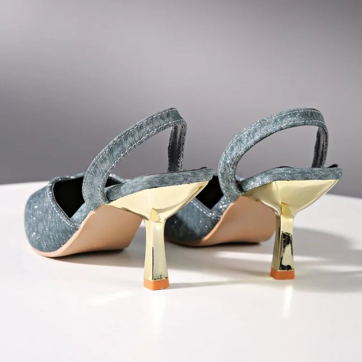 Premium women's metallic dress heels, pointed toe slingback style with orthopedic comfort