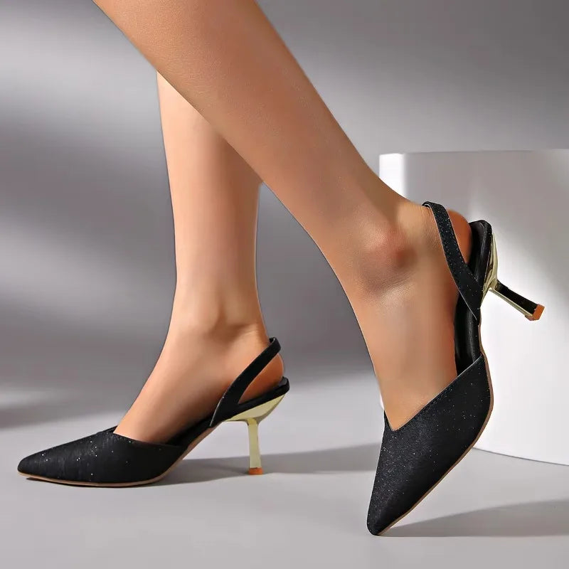 Rose gold metallic pointed toe slingback heels, women's comfort dress shoes for events