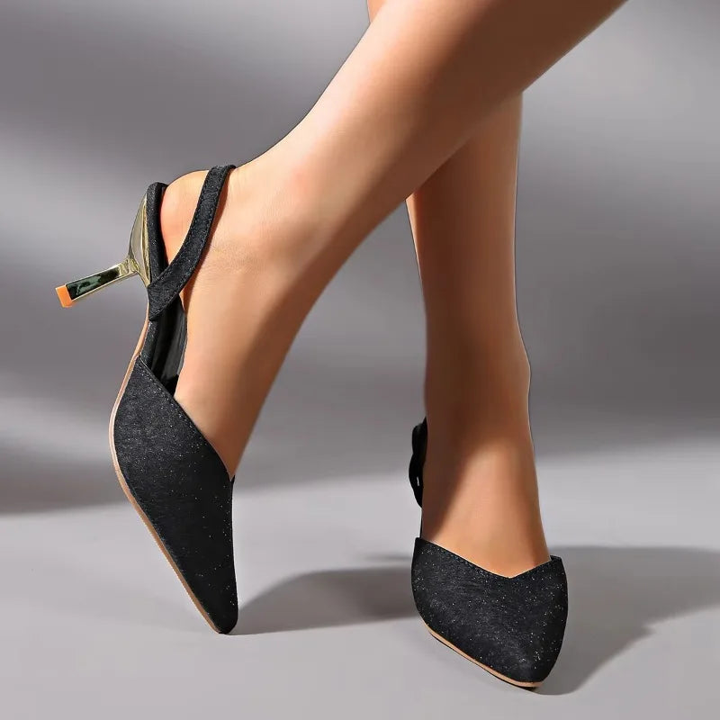 Sophisticated women's metallic comfort heels, pointed toe slingback in a shiny finish