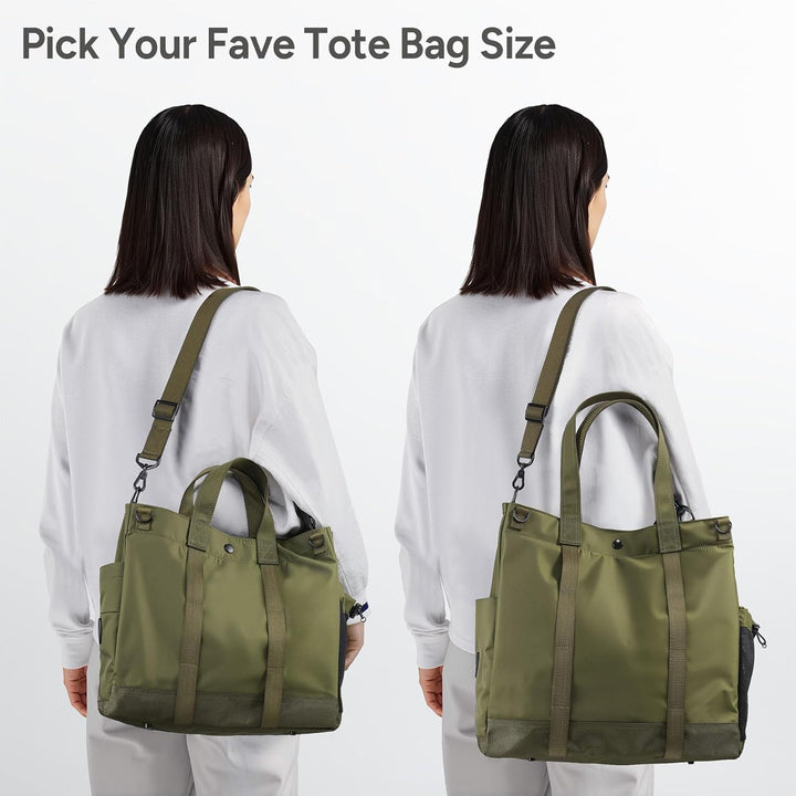 Front view of MetroCarry multi-compartment laptop tote bag, showing its sleek design and adjustable strap.
