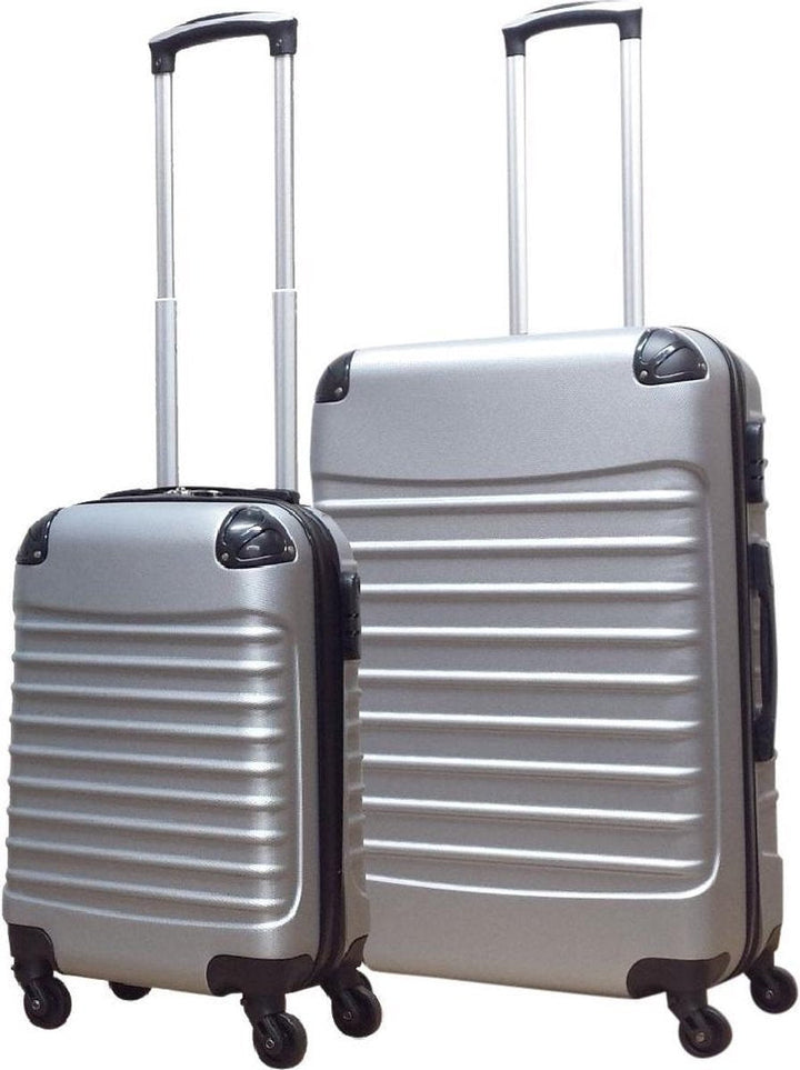 Silver 2-piece hard-shell luggage set, airport-friendly with removable wheels for easy travel & storage.