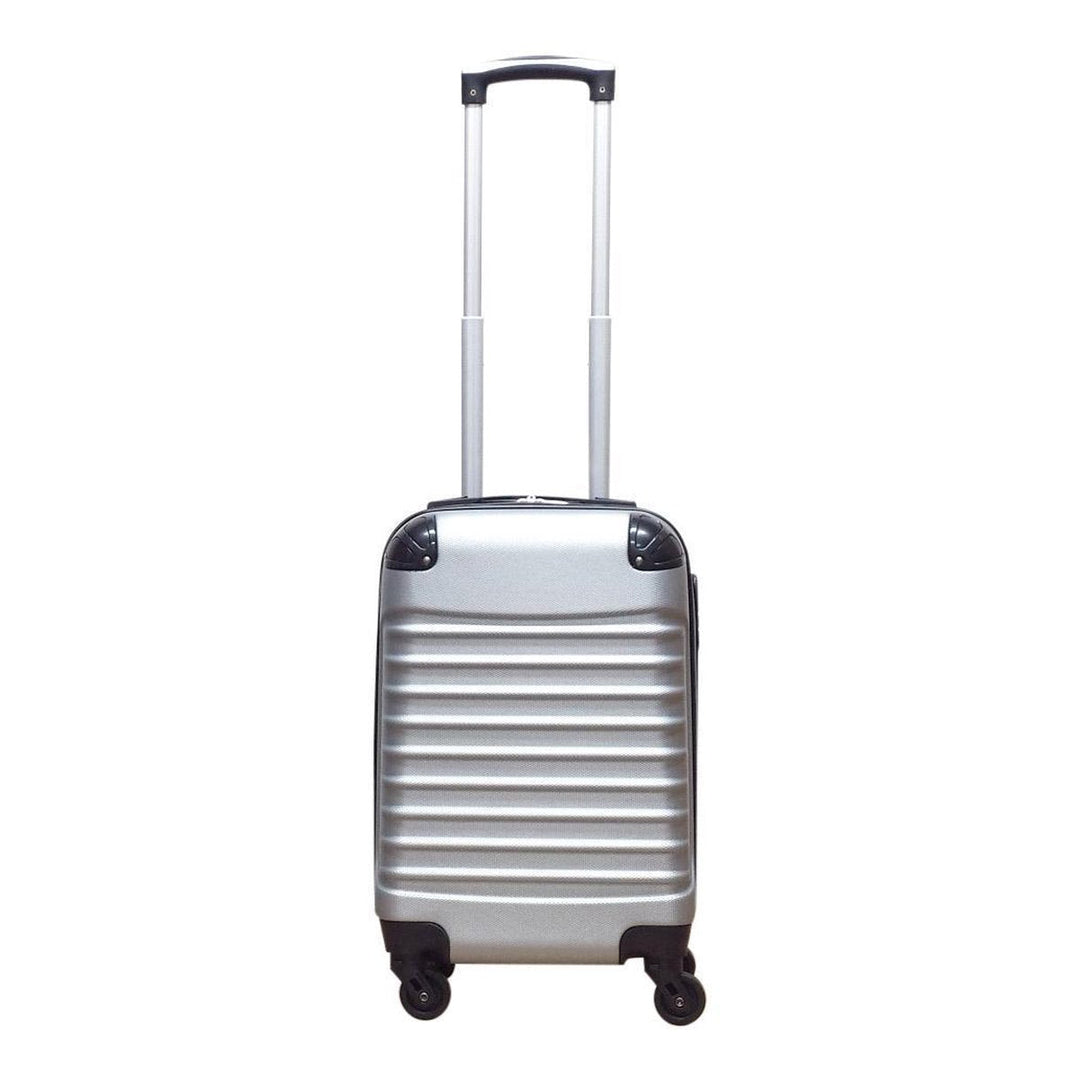 Complete silver 2-piece hard-shell luggage set. These travel bags offer secure & organized packing solutions.