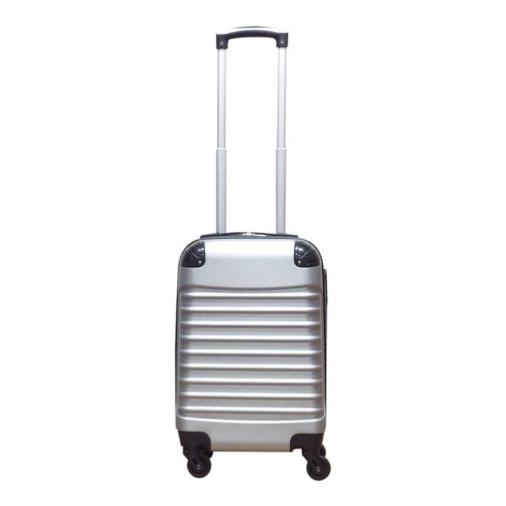 Complete silver 2-piece hard-shell luggage set. These travel bags offer secure & organized packing solutions.