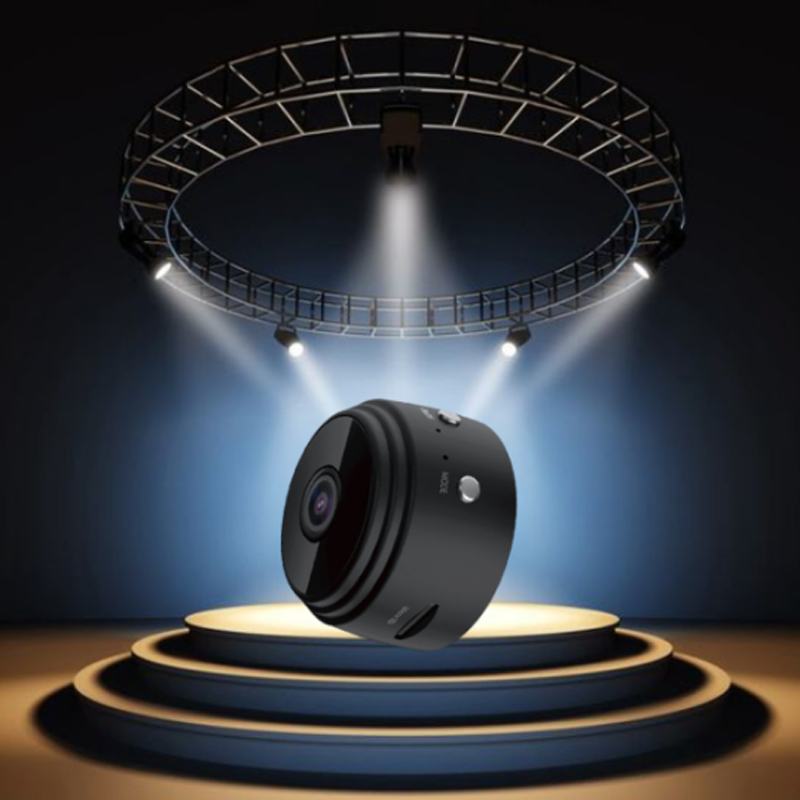 Small black WiFi spy camera, 1080p, with magnetic mount for easy placement and home security