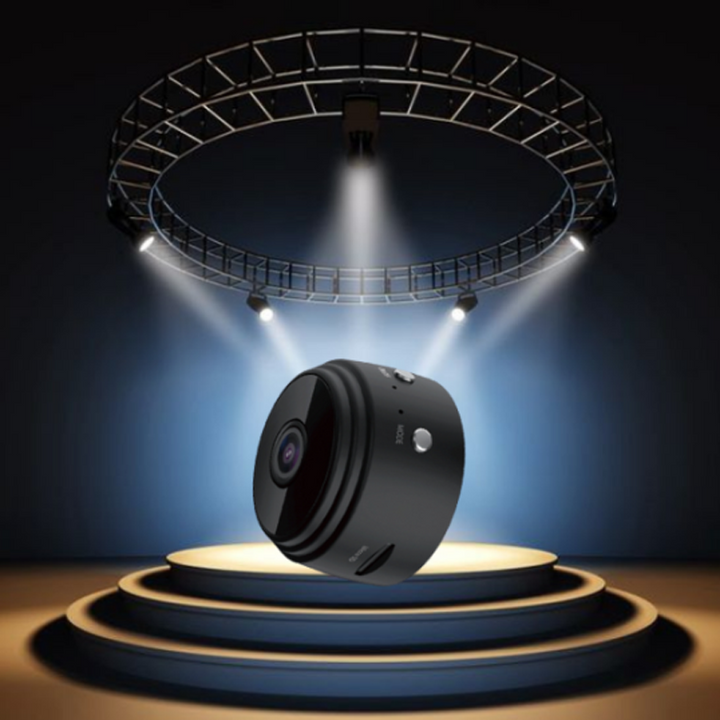 Small black WiFi spy camera, 1080p, with magnetic mount for easy placement and home security