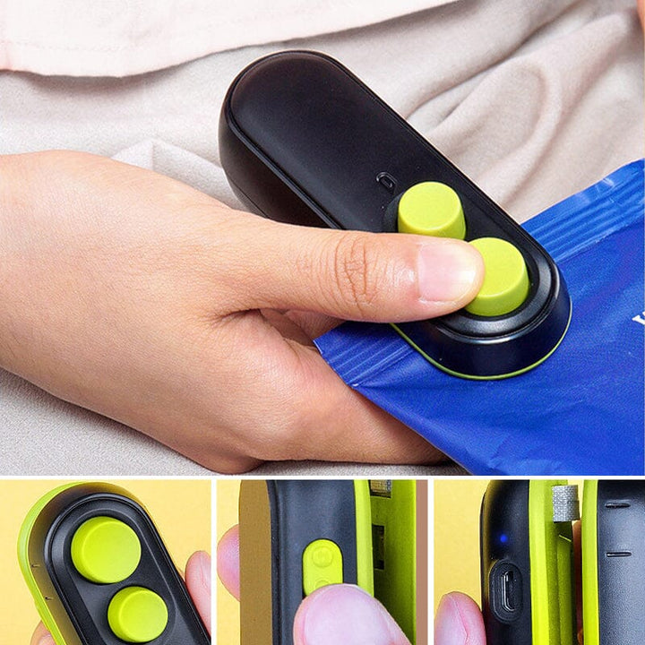 Close-up of mini USB rechargeable bag sealer, showing the sealing and cutting functions for food preservation